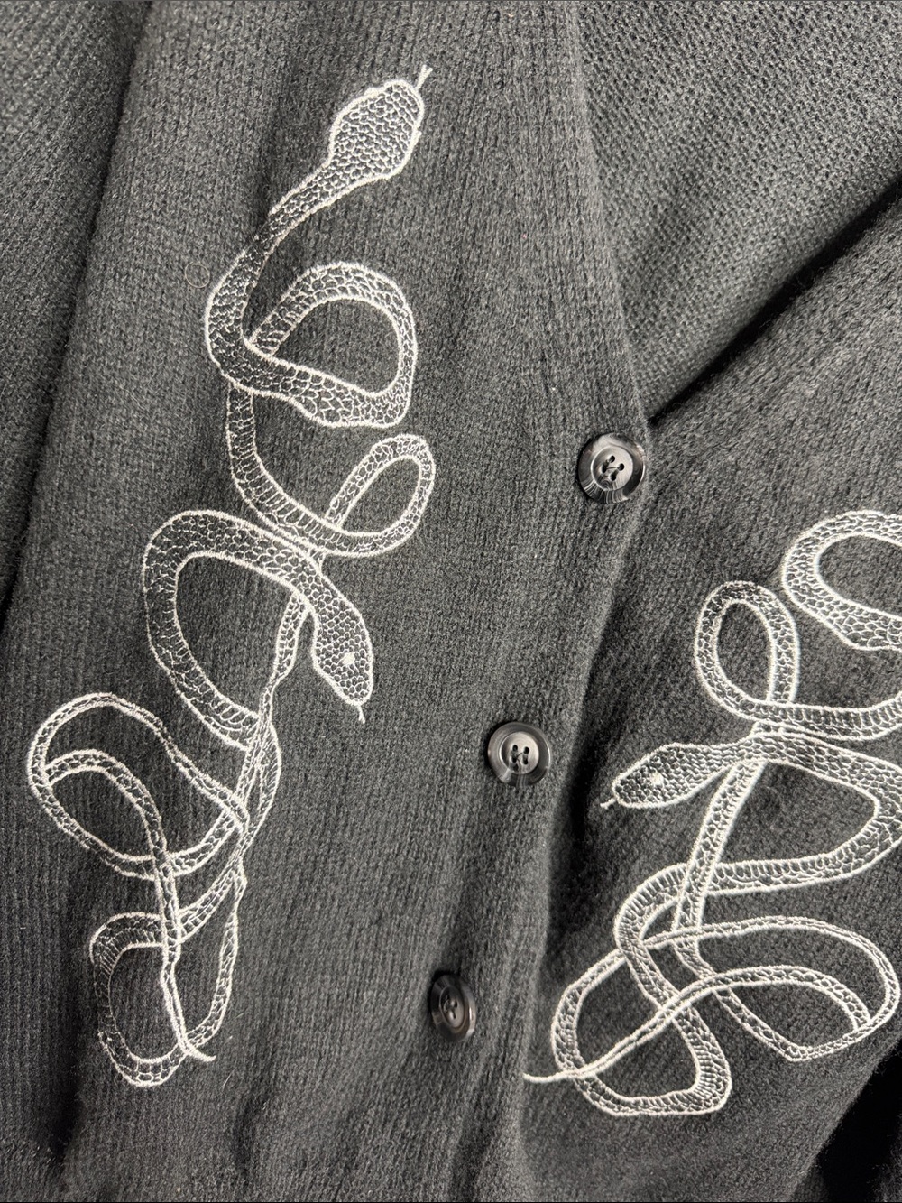 ROMWE Black Button-Up Jacket with White Snake Embroidery